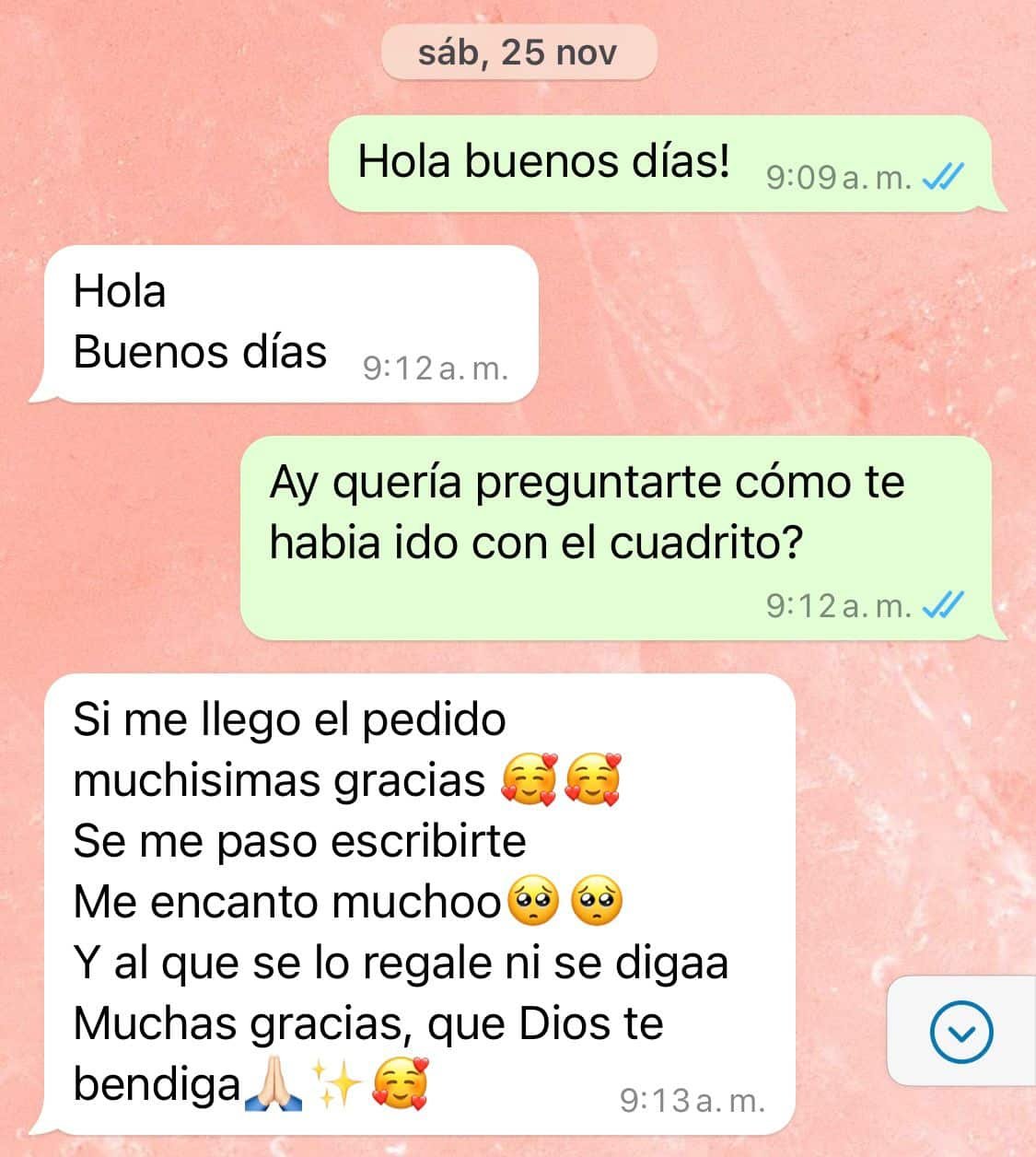 Captura real de WhatsApp: agradecimiento de una clienta