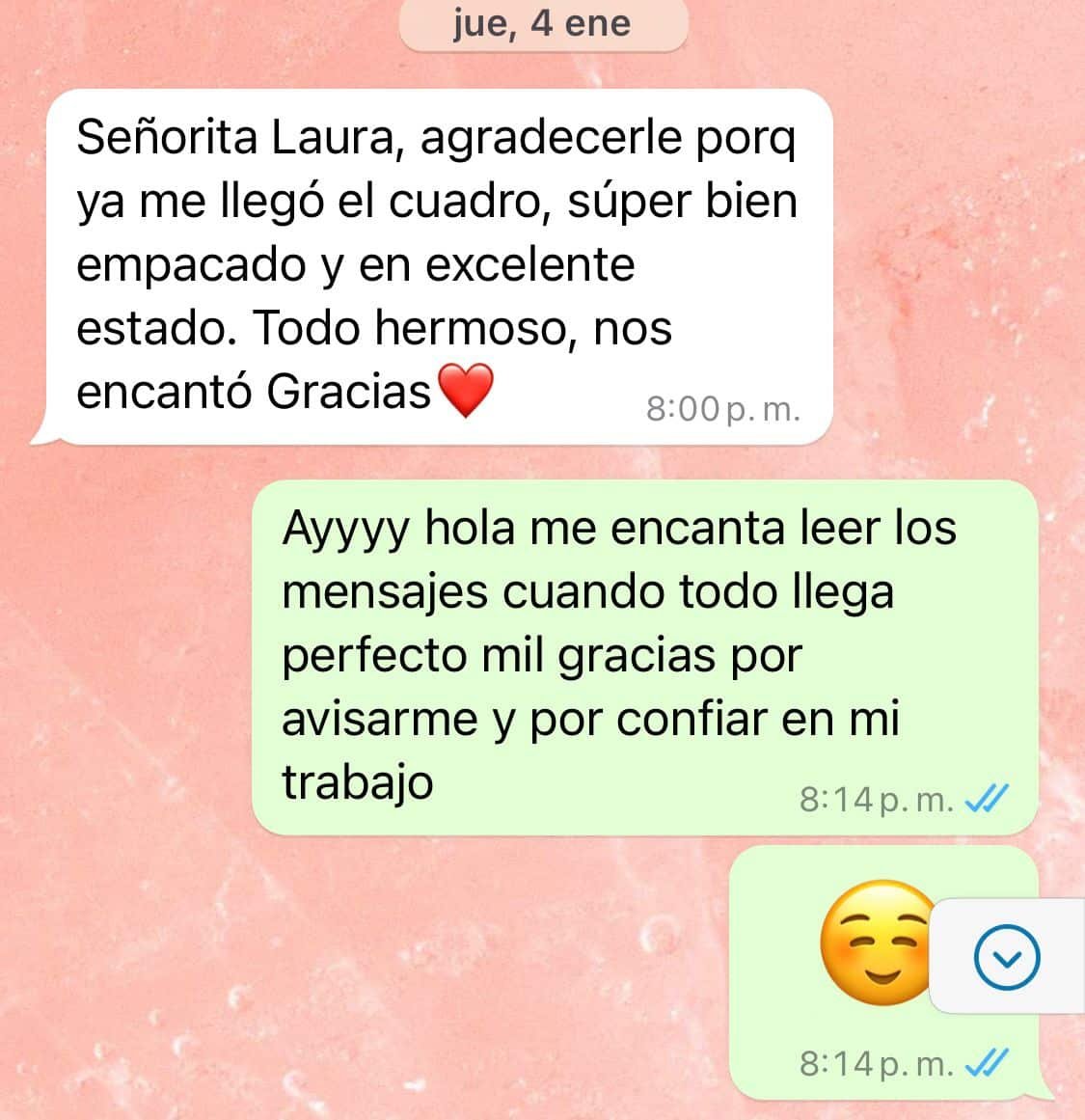 Captura real de WhatsApp: cuadro recibido en excelente estado